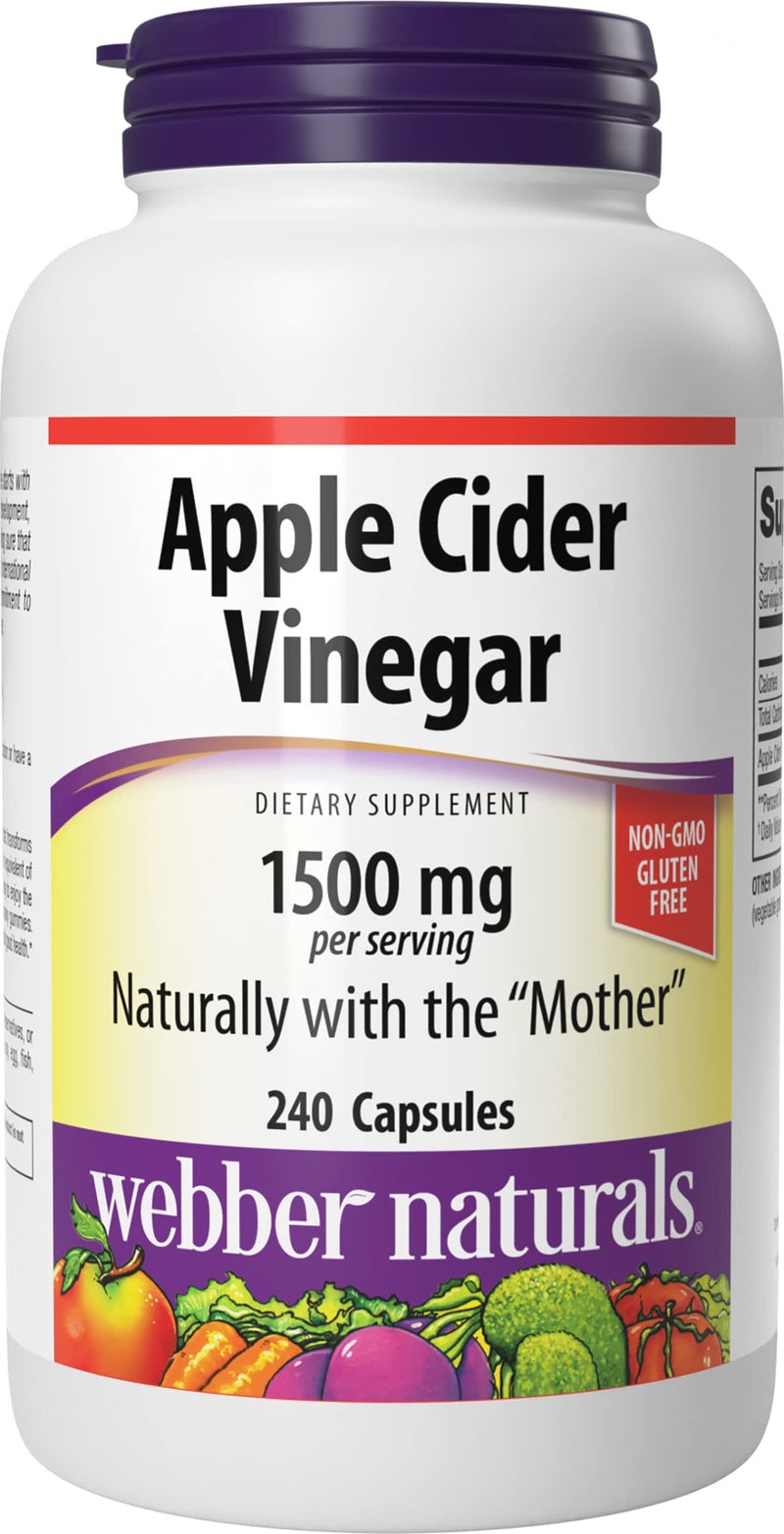Webber Naturals Apple Cider Vinegar Capsules with The Mother 1500 mg per Serving High Potency 240 Capsules Natural Digestion Support Sugar Dairy Gluten Free